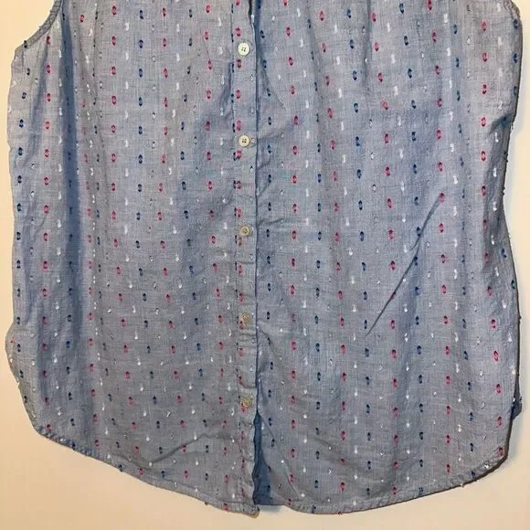 LOFT Women’s Button Up Light Blue with Colorful Embroidered Dots Size Large - Picture 2 of 8